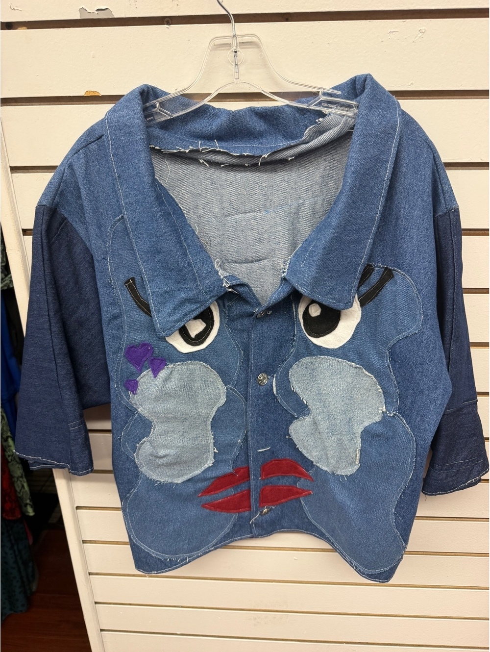 Upcycled Denim Face Appliqué Jacket One Size Fits Up to XL Statement Art Jacket